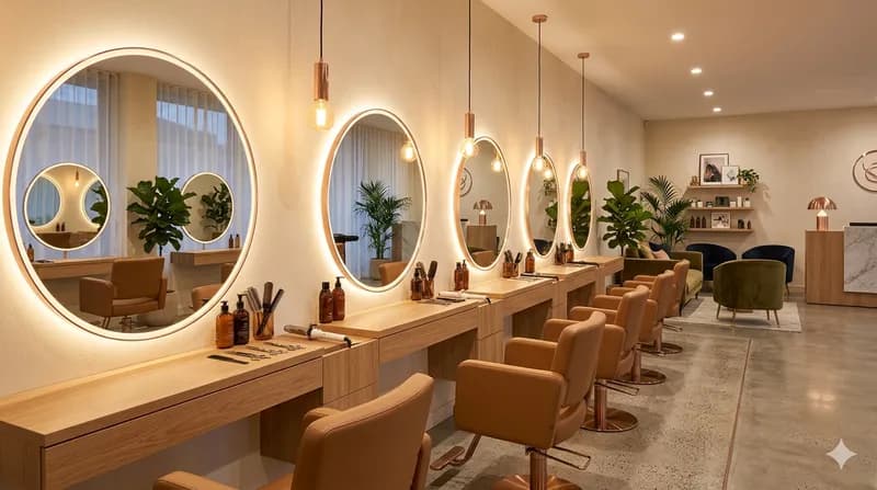 Interior do salão com estações de styling